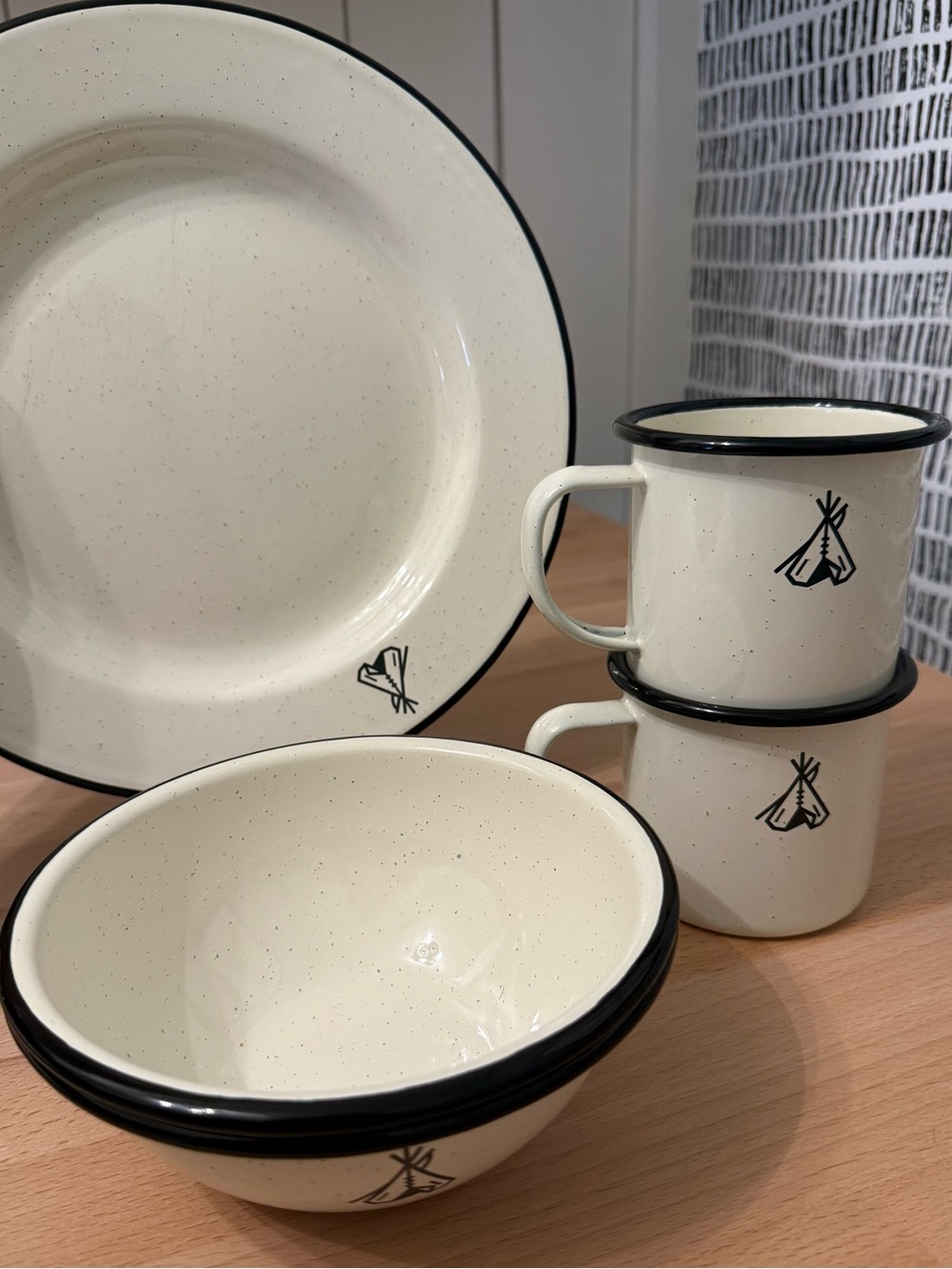 Pendleton Cream Speckled Camp Enamel Dinnerware Set with Black Trim, 6 piece set